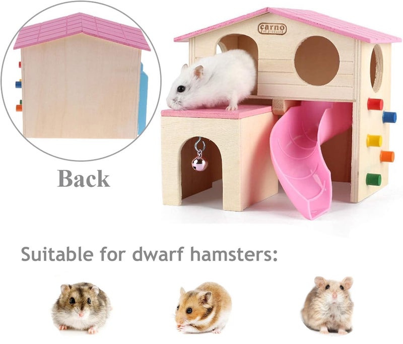 kathson Pet Small Animal Hideout Hamster House with Funny Climbing Ladder Slide Wooden Hut Play Toys Chews for Small Animals Like Dwarf Hamster and Mouse(Pink) - Image 4